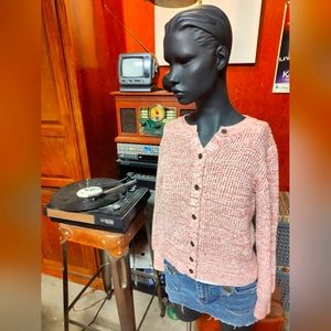 Thick red and white button-up cardigan cropped